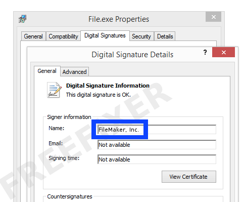 Screenshot of the FileMaker, Inc. certificate